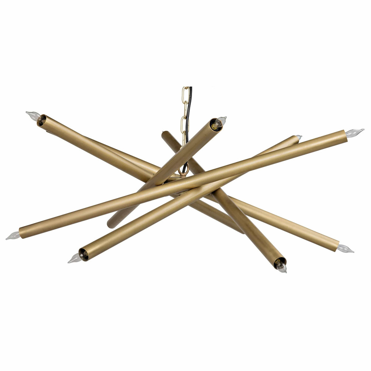 Ikram Small Chandelier with antique brass metal finish and scattered tubular arms holding exposed bulbs.