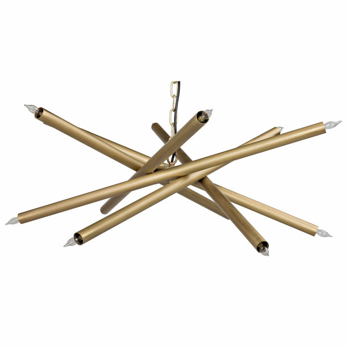 Ikram Small Chandelier with antique brass metal finish and scattered tubular arms holding exposed bulbs.