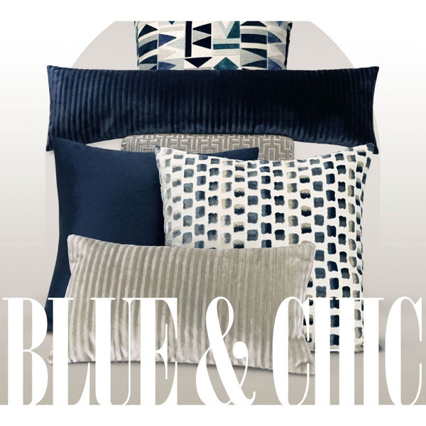 Luxury Impasto Blue Multi Throw Pillow, 24x24, with textured blue squares on white, surrounded by coordinating blue and gray pillows.