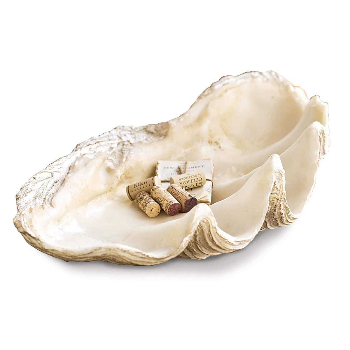 Large off-white resin clam replica bowl with realistic texture, holding wine corks.