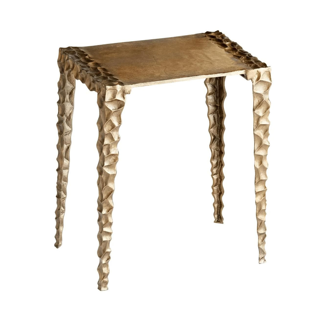 Antique brass aluminum accent table with square top and textured, indented legs.