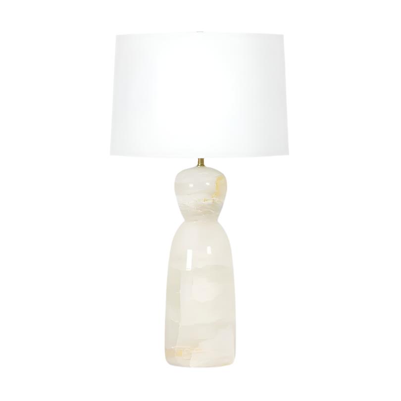 Indie Jade Table Lamp with a unique solid jade base, natural hues, and a white linen shade.