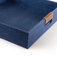 Indigo large square decorative tray with resin rattan texture and rope-wrapped handles.
