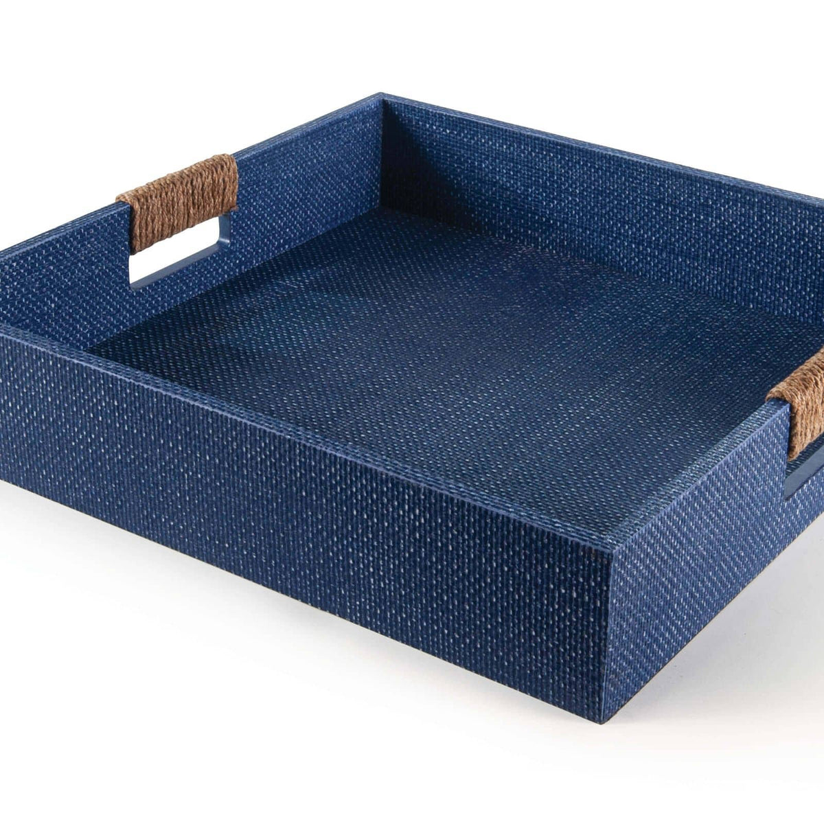 Indigo blue resin rattan decorative tray with rope-wrapped handles.