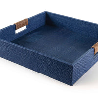 Indigo blue resin rattan decorative tray with rope-wrapped handles.