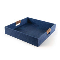 Indigo blue square decorative tray with resin rattan texture and rope-wrapped handles.