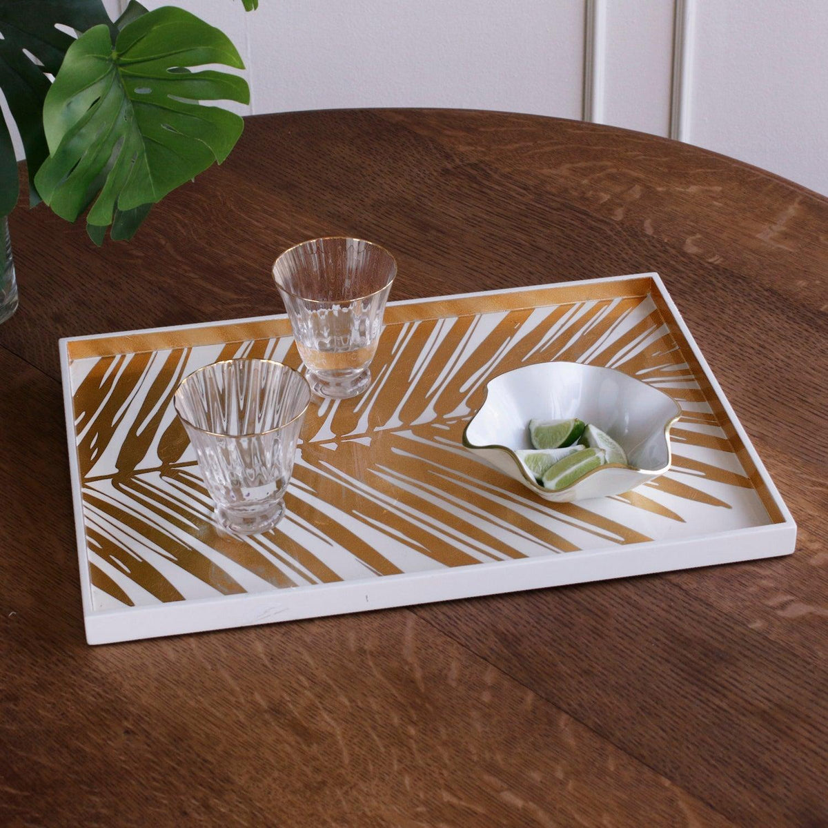 Indochine Large Lacquered Palm Tray White & Gold - Tray Detail | Bone & Brass