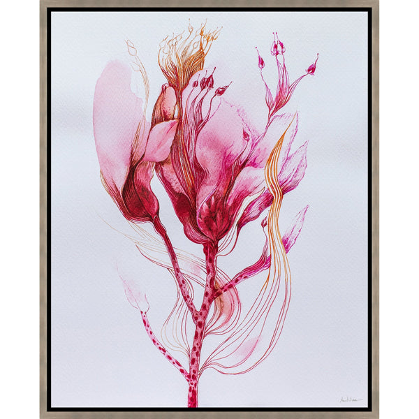 Inferno Giclee Painting: Abstract floral art in dramatic pinks and oranges, framed.
