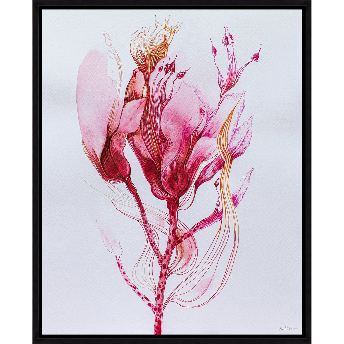 Inferno Giclee Painting: Abstract floral art with dramatic pink and red hues, framed in black.