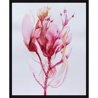 Inferno Giclee Painting: Abstract floral art with dramatic pink and red hues, framed in black.