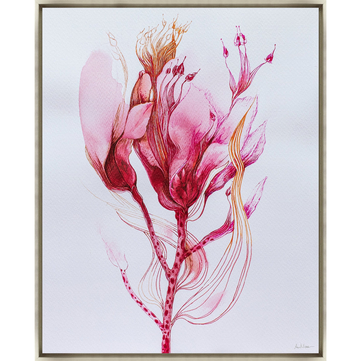 Abstract giclee painting by Alexander Nikanpour, featuring dramatic pink and red floral forms with gold accents.
