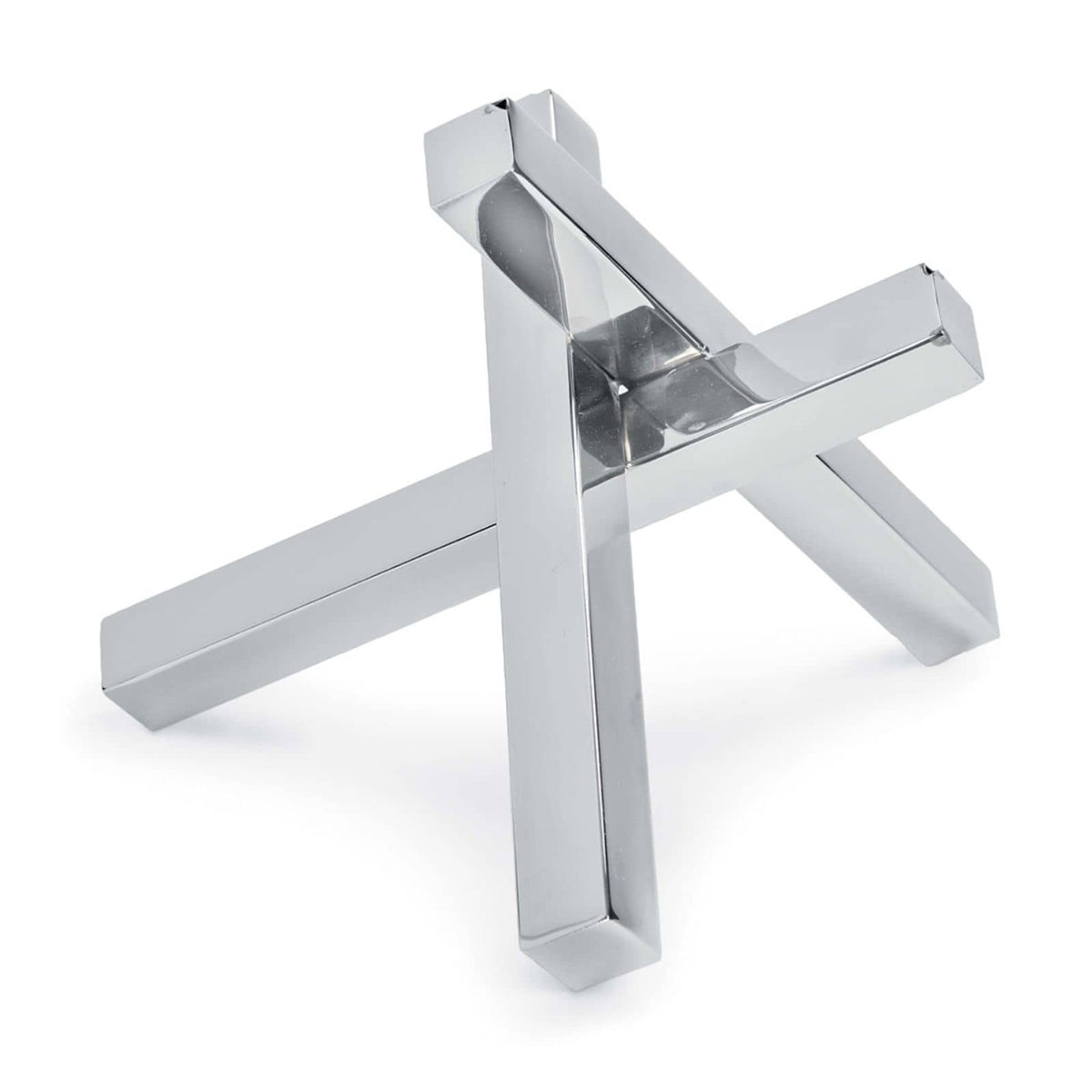 Polished nickel intersecting sculpture with an industrial vibe, featuring a balanced, geometric design.