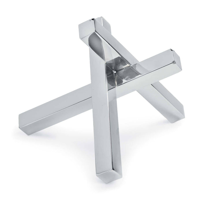Polished nickel intersecting sculpture with an industrial vibe, featuring a balanced, geometric design.
