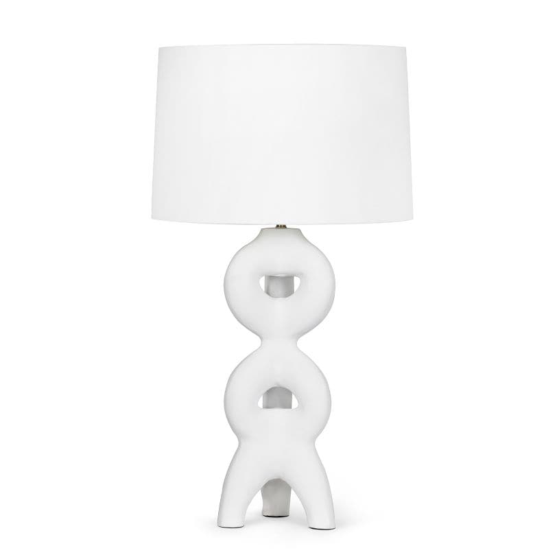 Jacob White Large Metal Table Lamp with sculptural, plaster-like base and natural linen shade.