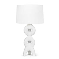 Jacob White Large Metal Table Lamp with sculptural, plaster-like base and natural linen shade.