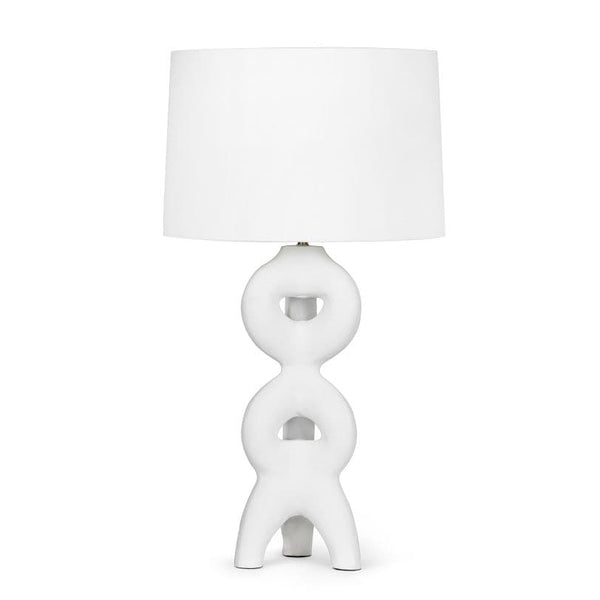 Jacob White Large Metal Table Lamp with sculptural, plaster-like base and natural linen shade.