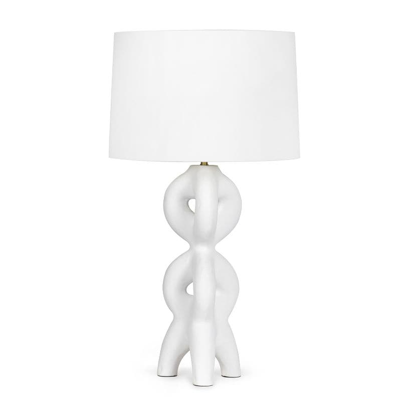 Jacob White Large Metal Table Lamp with sculptural, plaster-like base and natural linen shade.