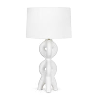 Jacob White Large Metal Table Lamp with sculptural, plaster-like base and natural linen shade.