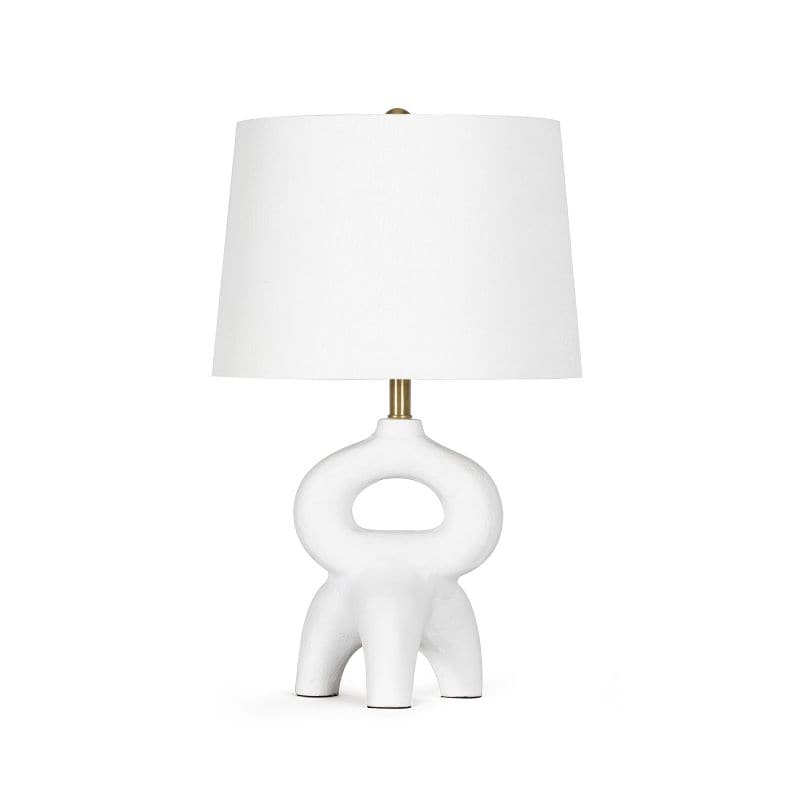 Jacob White Metal Mini Lamp with sculptural, plaster-like base and natural linen shade.