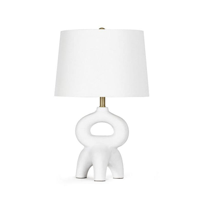 Jacob White Metal Mini Lamp with sculptural, plaster-like base and natural linen shade.