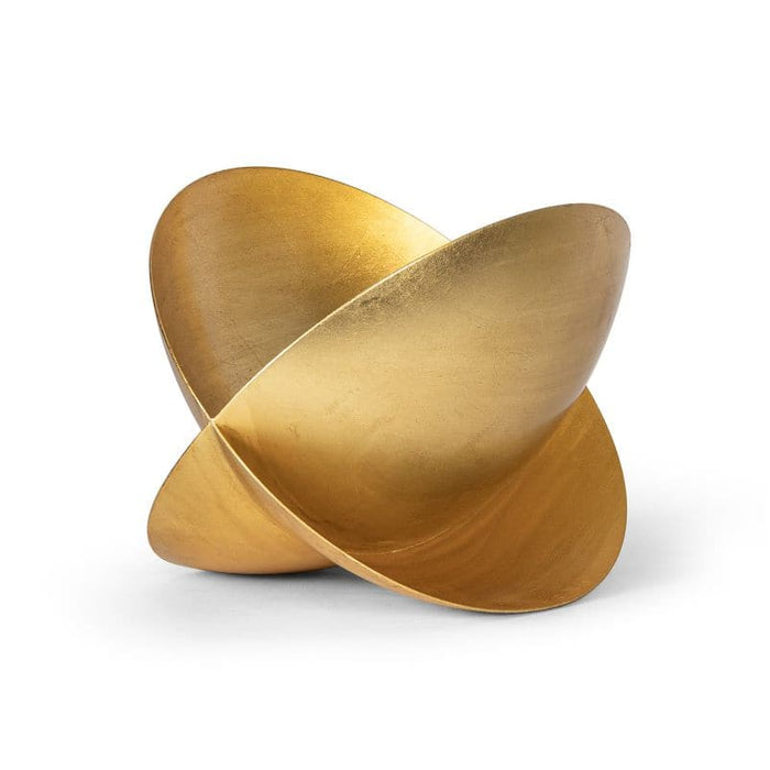 Jaden Gold Leaf decorative object with two intersecting shallow domes, midcentury sculptural design.