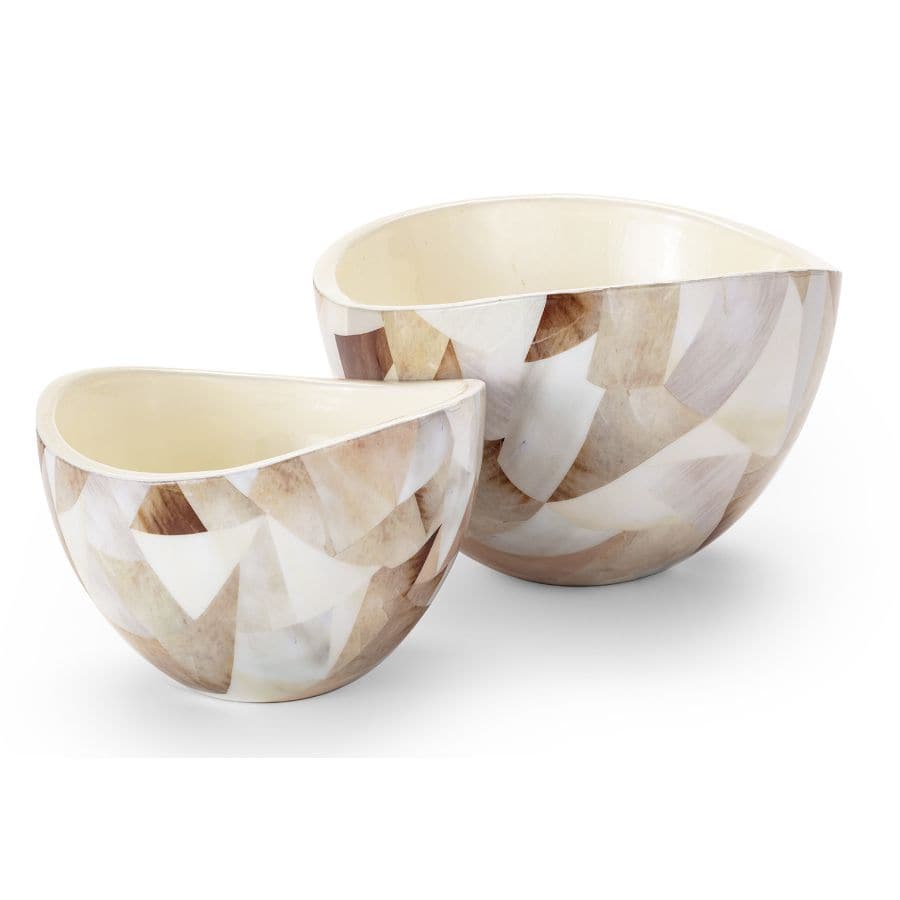 Two Jake patchwork decorative bowls, one small and one large, with natural brown and cream geometric enamel resin patterns.