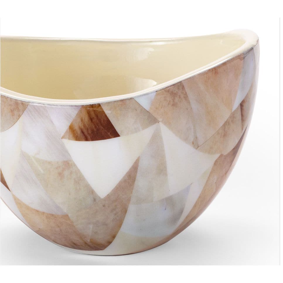 Jake Patchwork Decorative Bowl: Enamel resin bowl with a high-gloss finish and brown, white, and beige geometric patchwork.
