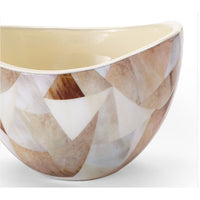 Jake Patchwork Decorative Bowl: Enamel resin bowl with a high-gloss finish and brown, white, and beige geometric patchwork.
