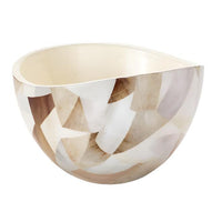 Jake Patchwork Decorative Bowl, 7.5" wide, with a colorful enamel resin patchwork in browns, creams, and whites.
