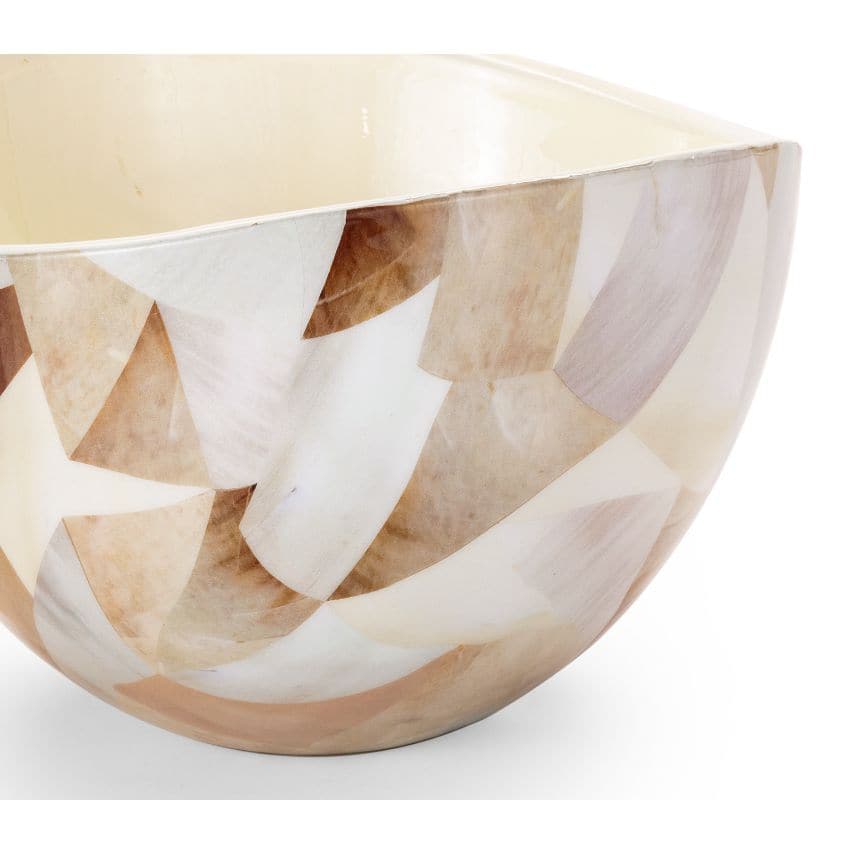 Jake Patchwork Decorative Bowl: Enamel resin bowl with brown, beige, and white patchwork design, high-gloss finish.