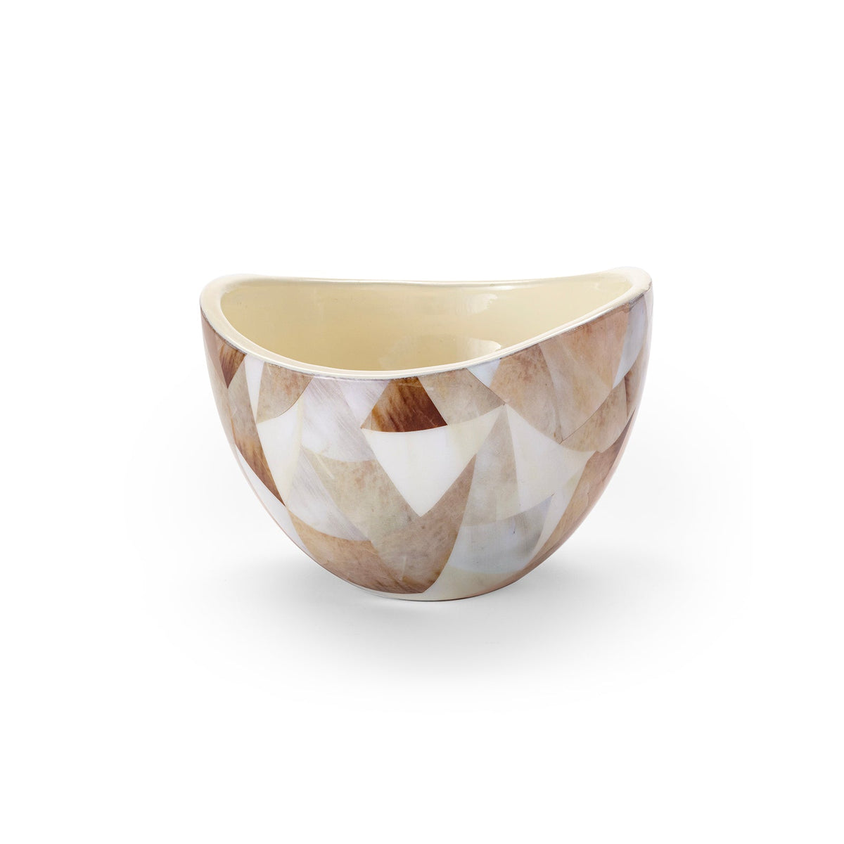 Jake Patchwork Decorative Bowl: Colorful enamel resin bowl with geometric brown and cream patchwork design.