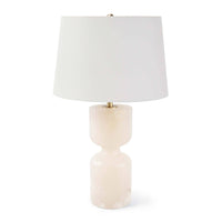 Joan alabaster table lamp with a shapely, carved stone base and a white linen shade.