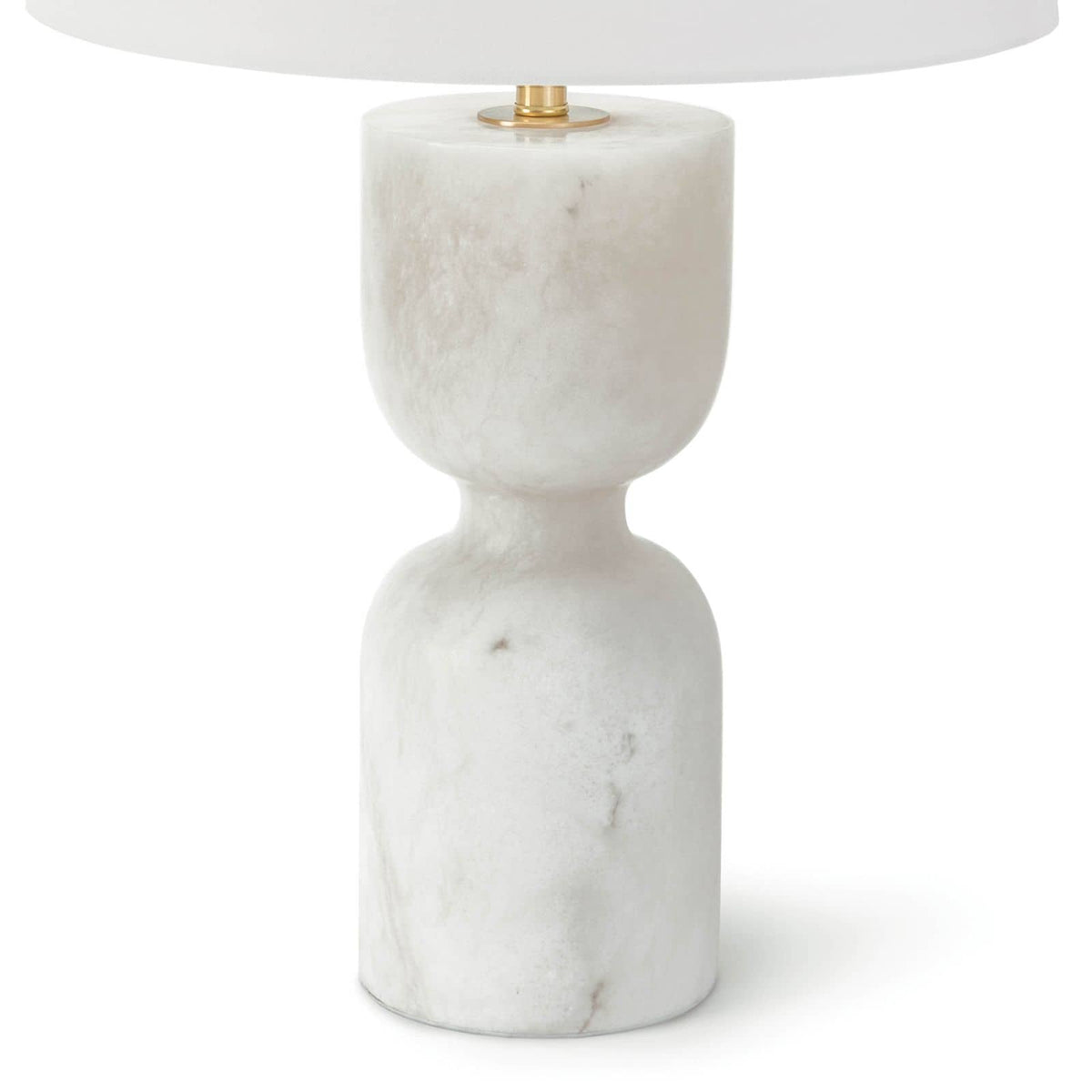 Large Joan alabaster table lamp with a shapely white stone base, polished brass accents, and a white linen shade.