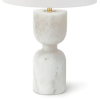 Large Joan alabaster table lamp with a shapely white stone base, polished brass accents, and a white linen shade.