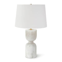 Large Joan alabaster table lamp with a shapely, carved stone base and a white linen shade.