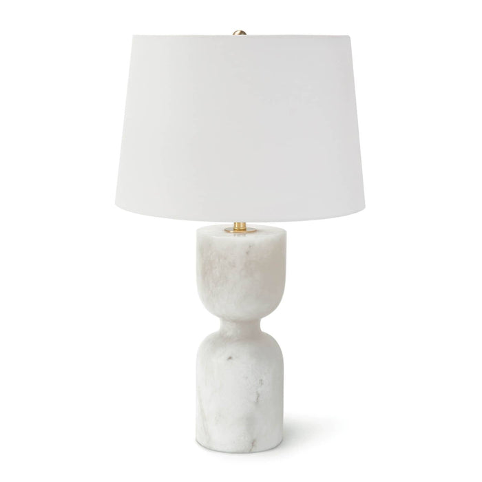 Large Joan alabaster table lamp with a shapely, carved stone base and a white linen shade.