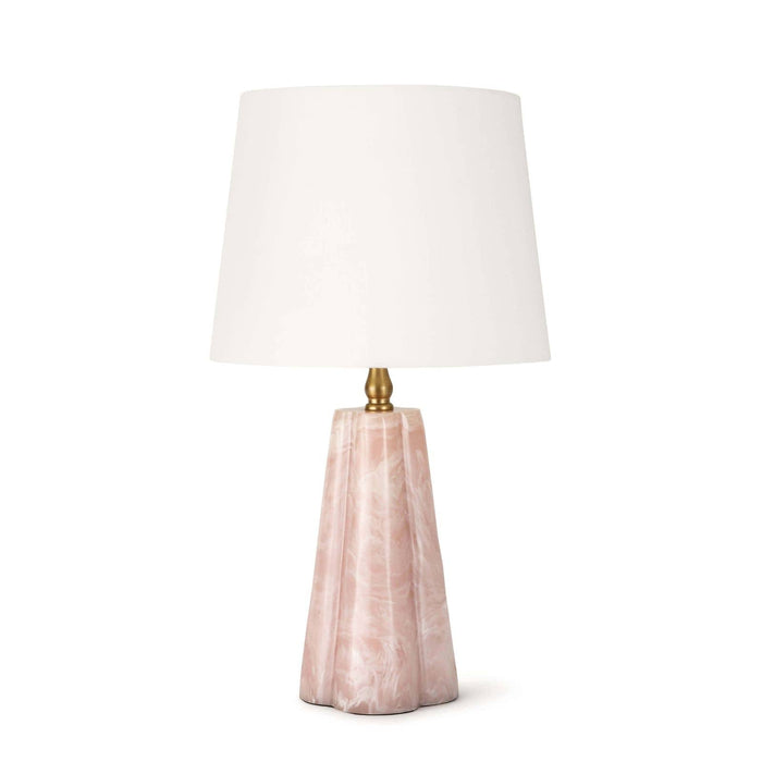 Joelle Mini Lamp with a pink quartz-like fluted base, polished brass accents, and a white linen shade.