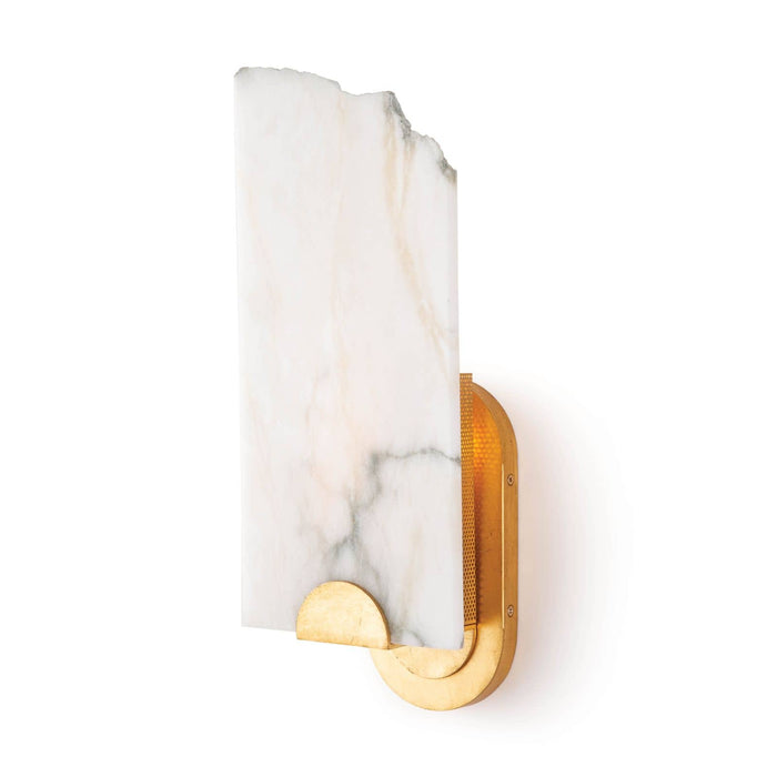 Jonah alabaster sconce with a raw broken edge, white veining, and a gold metal base.