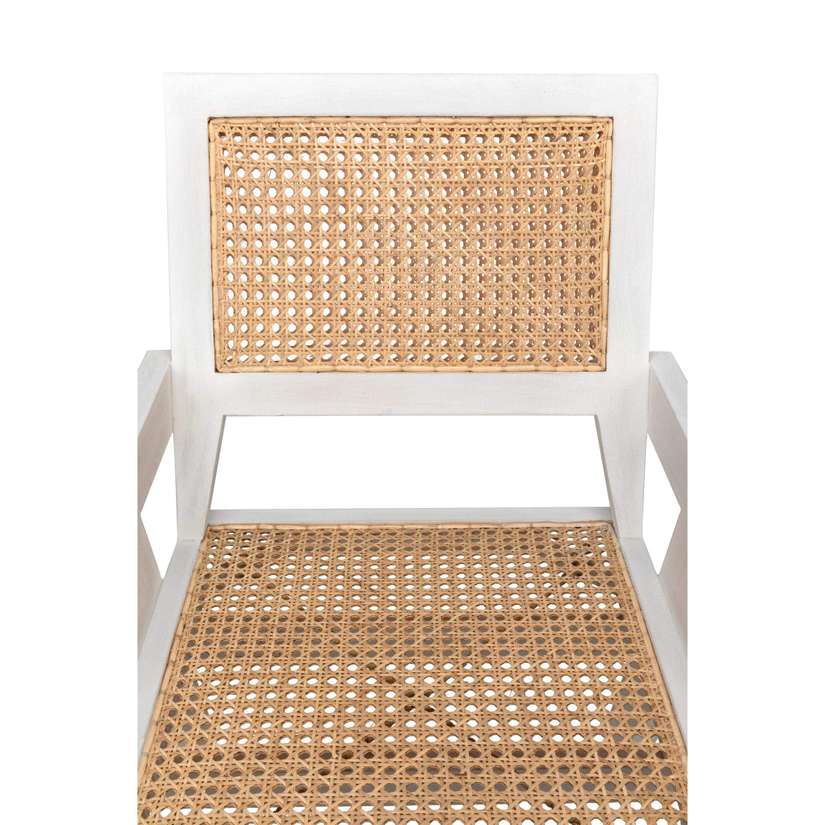 Jude Chair with white wash wood frame and natural caning on the backrest and seat.