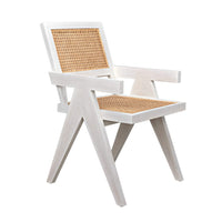 Jude Chair with white wash wood frame, caned backrest, and seat.