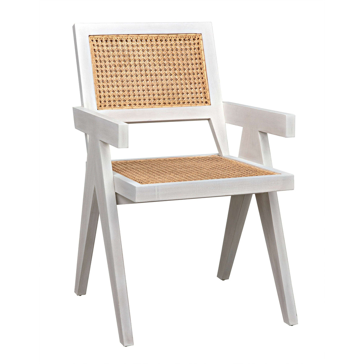 Jude Chair with white wash wood frame, caning back and seat, and armrests.