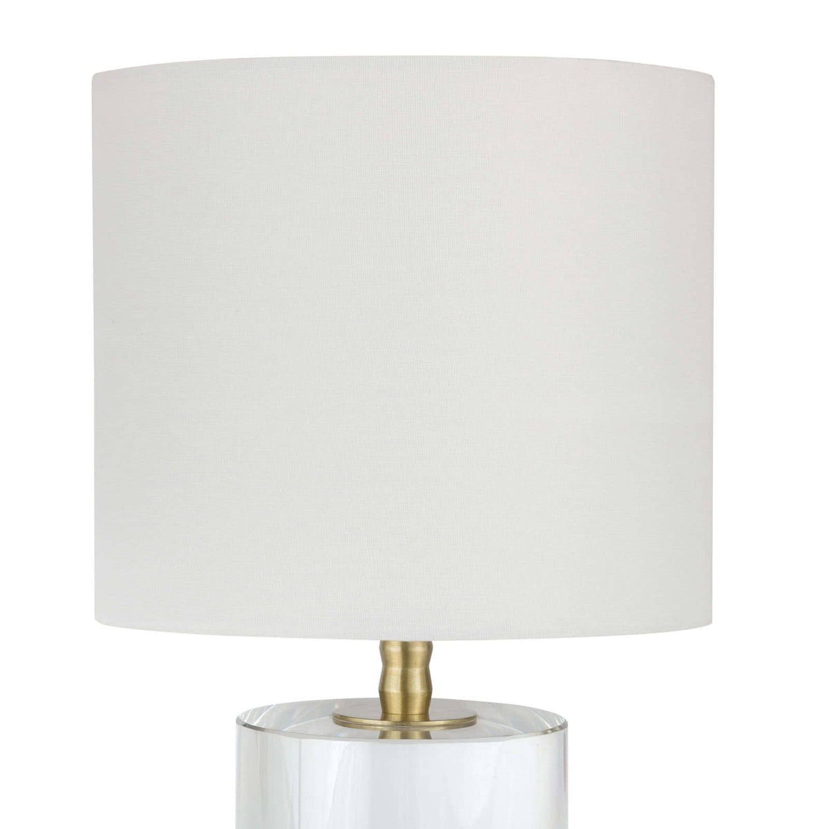Small Juliet crystal table lamp with natural brass hardware and a white linen drum shade.