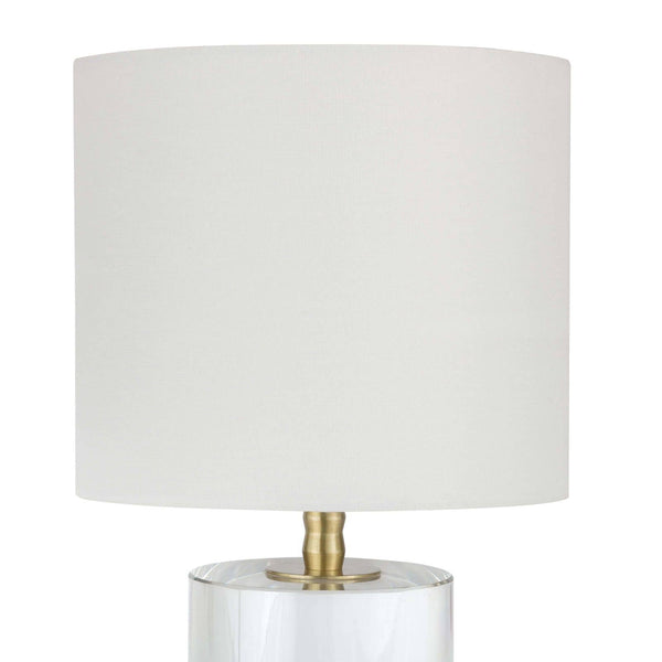 Small Juliet crystal table lamp with natural brass hardware and a white linen drum shade.