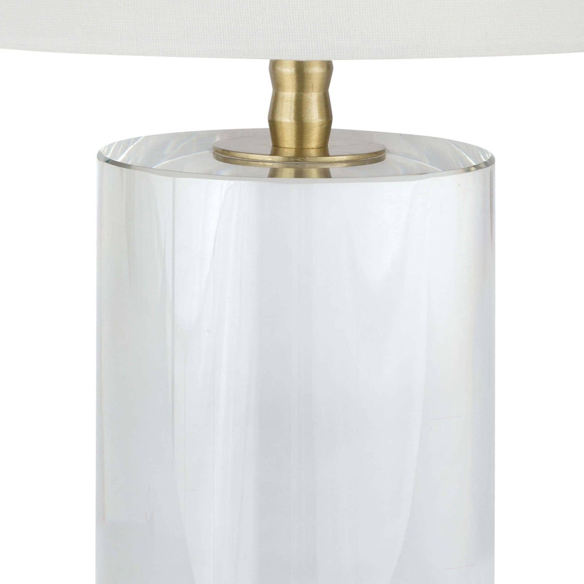 Small Juliet crystal table lamp with a clear optical crystal base, natural brass hardware, and a natural linen drum shade.