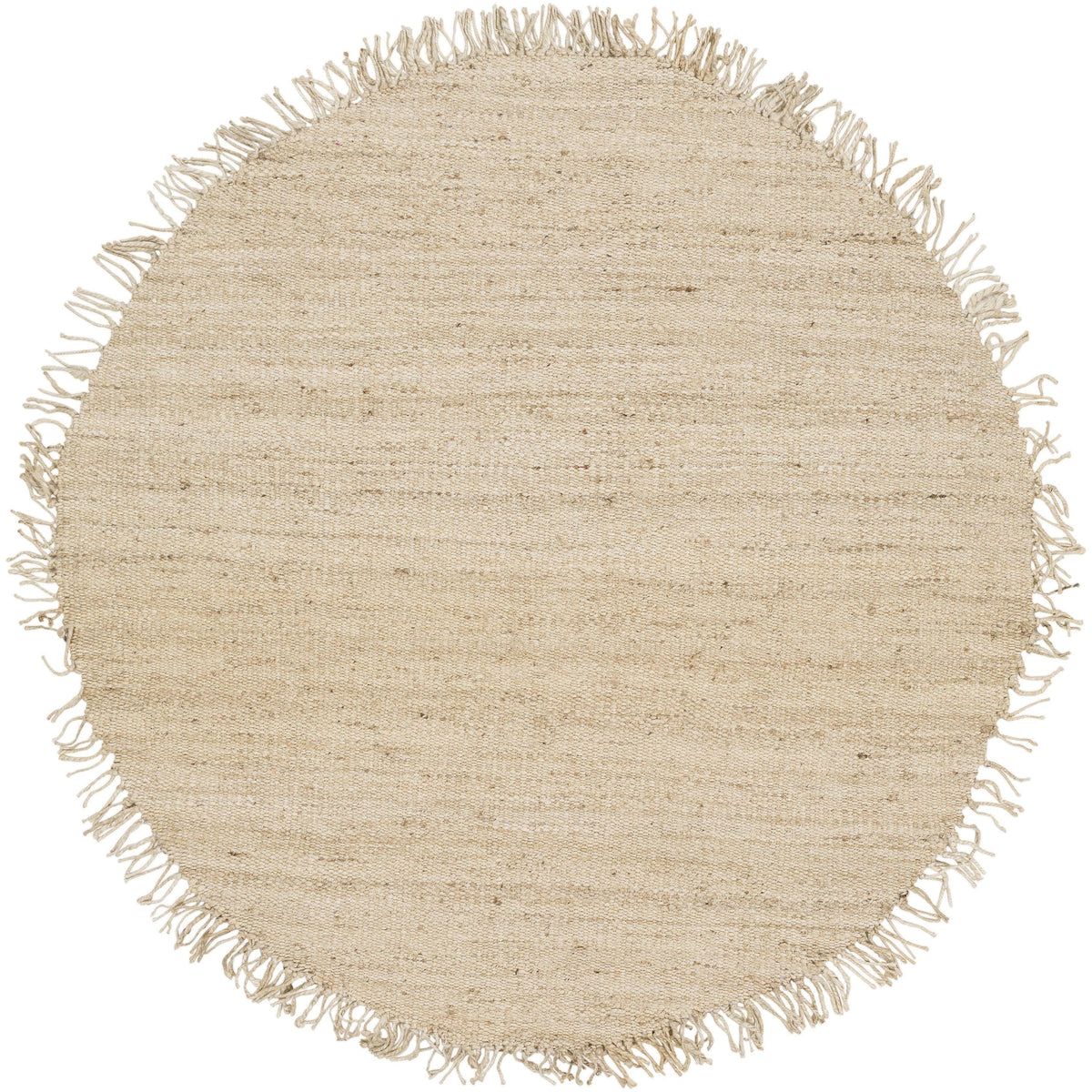 Round beige jute bleach hand-woven rug with fringed edges.