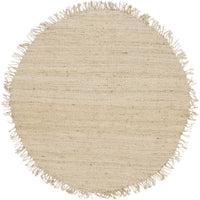 Round beige jute bleach hand-woven rug with fringed edges.