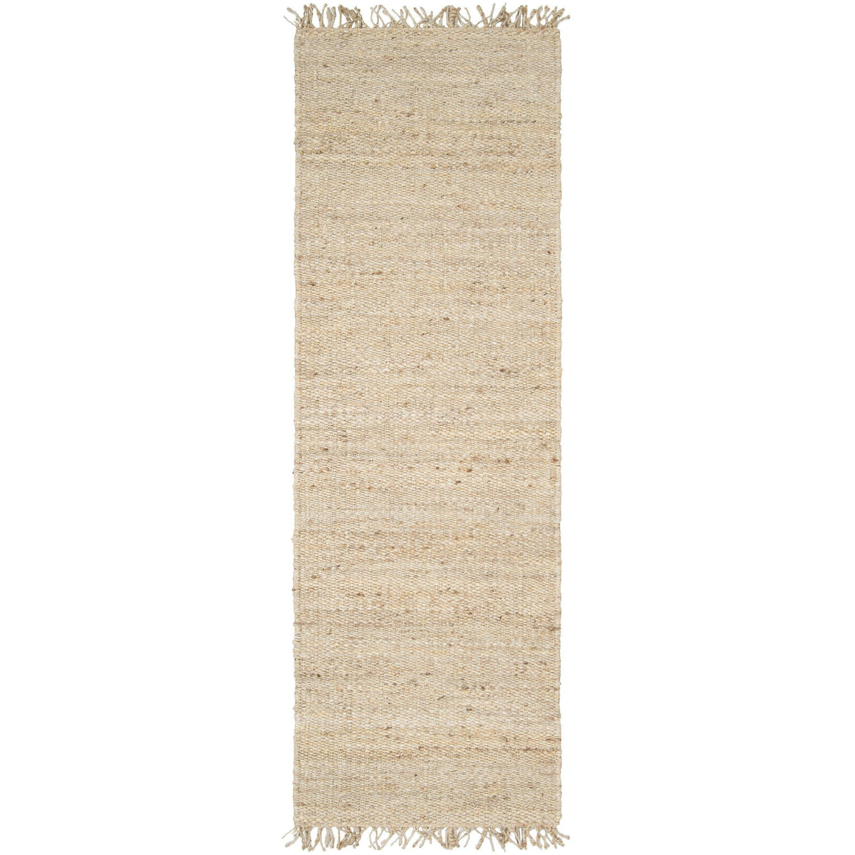 Beige hand-woven jute rug with a textured, no-pile design and fringed ends.