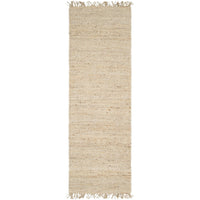 Beige hand-woven jute rug with a textured, no-pile design and fringed ends.