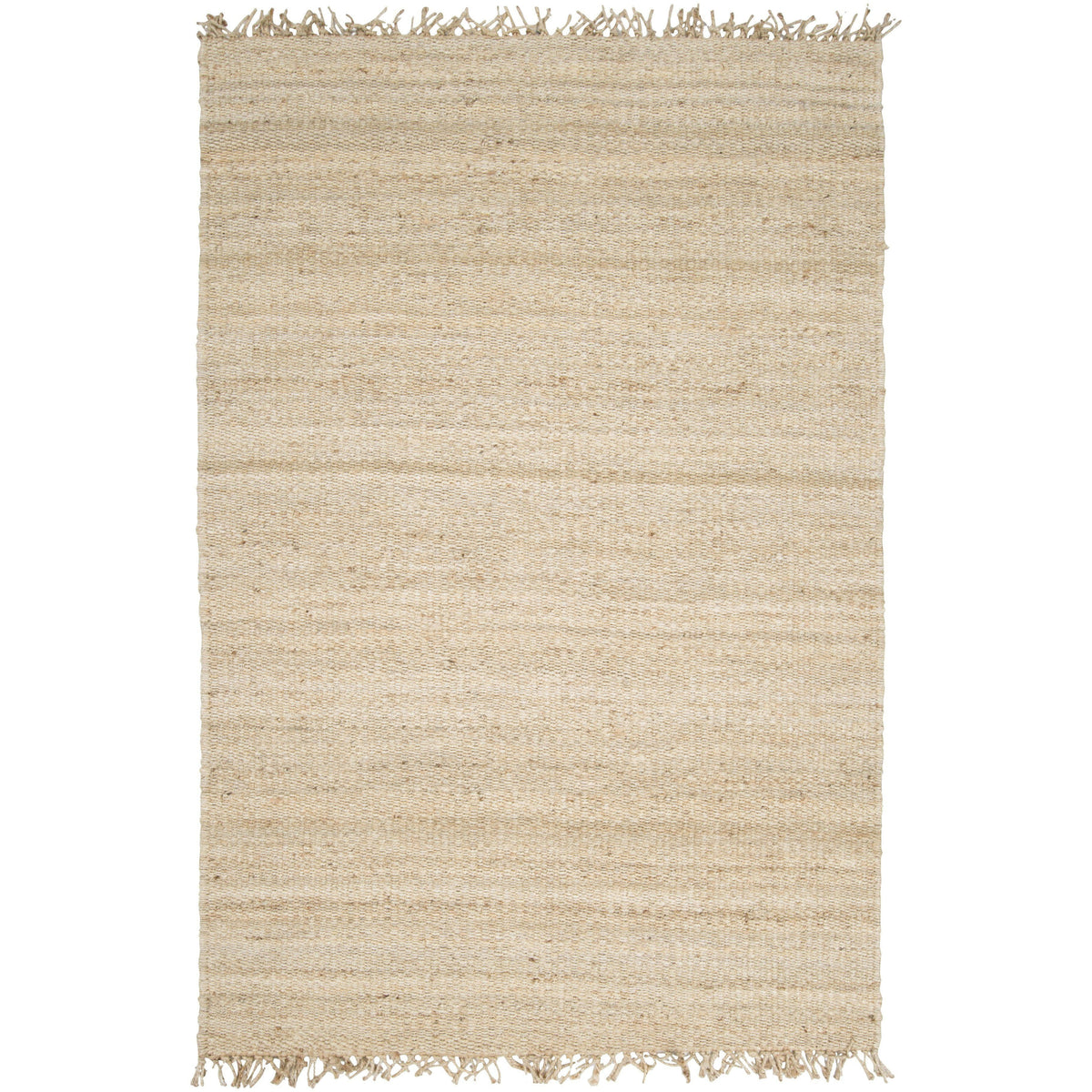 Beige hand-woven jute rug with a natural texture and fringed edges.