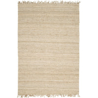 Beige hand-woven jute rug with a natural texture and fringed edges.